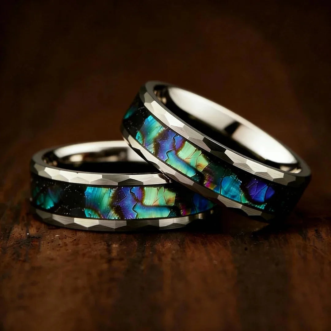 Fashion 8MM Hammered Stainless Steel Rings For Men Women Inlay Colorful Abalone Shell Rings Men Wedding Party Jewelry Gift