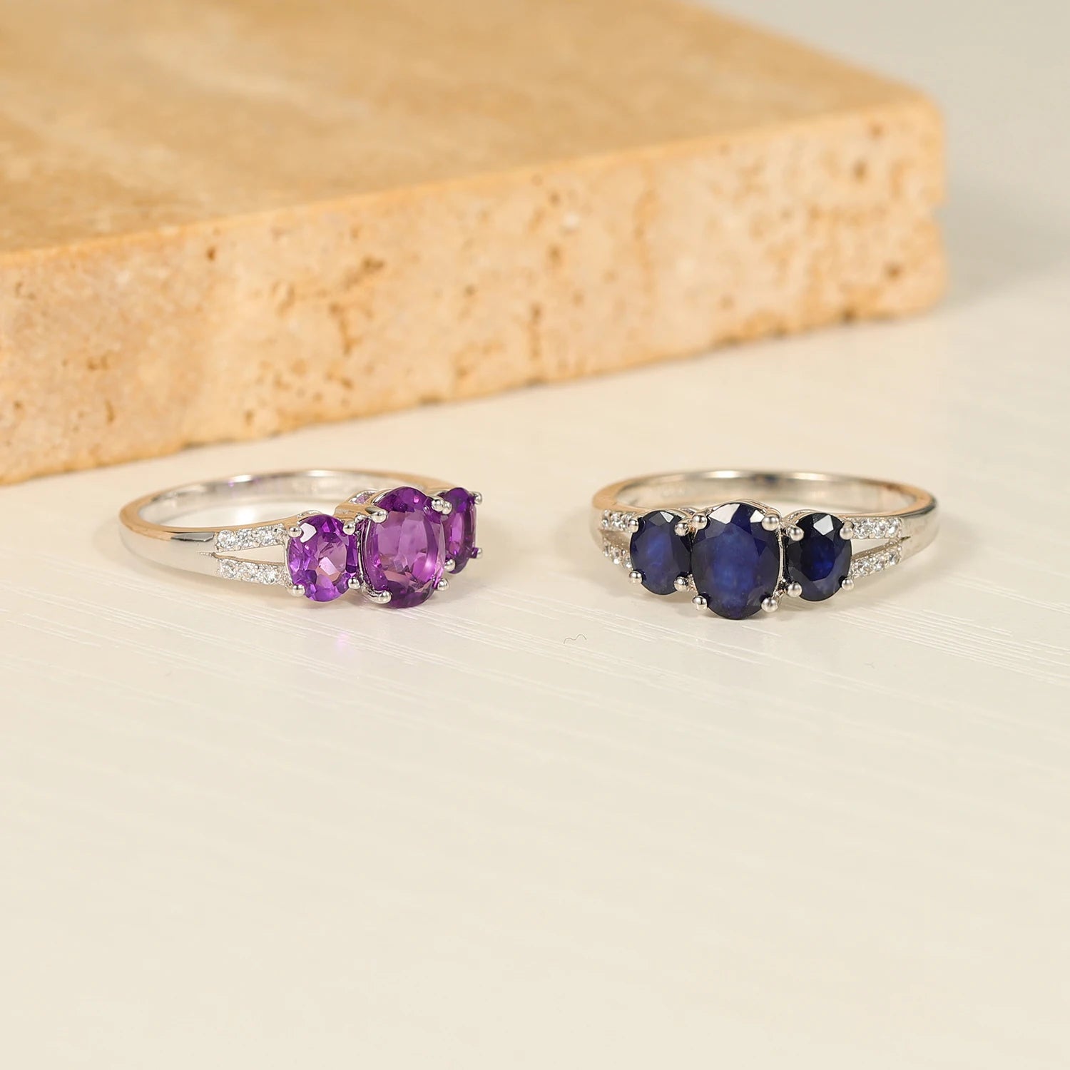 GEM'S BALLET Sapphire Gemstone Rings Natural Blue Sapphire Three Stone Engagement Rings in 925 Sterling Silver Gift For Her