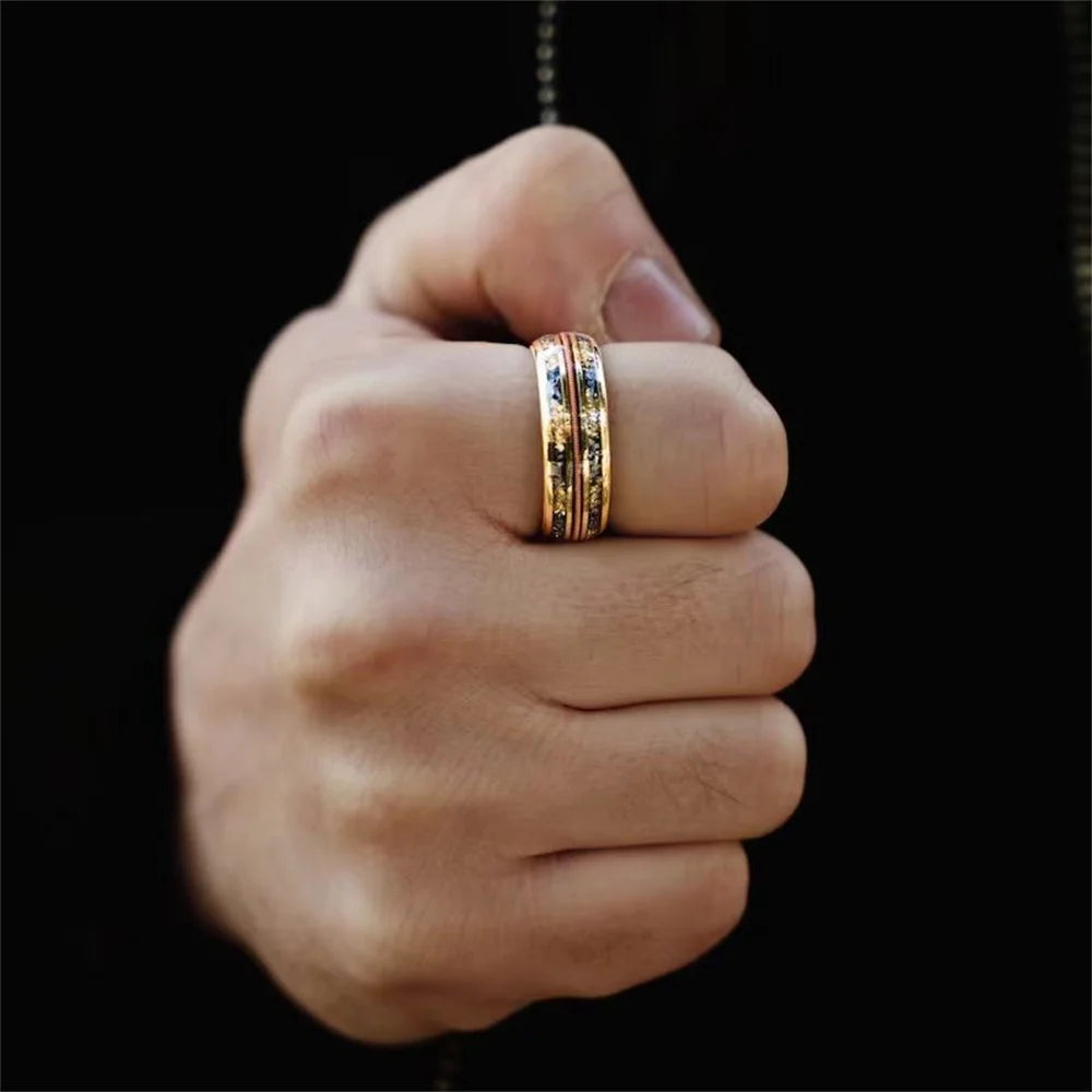 Fashion 8mm Gold Color Stainless Steel Guitar string Rings for Men Inlay Simulated Ambers Stone Rings Wedding Band Jewelry Gifts