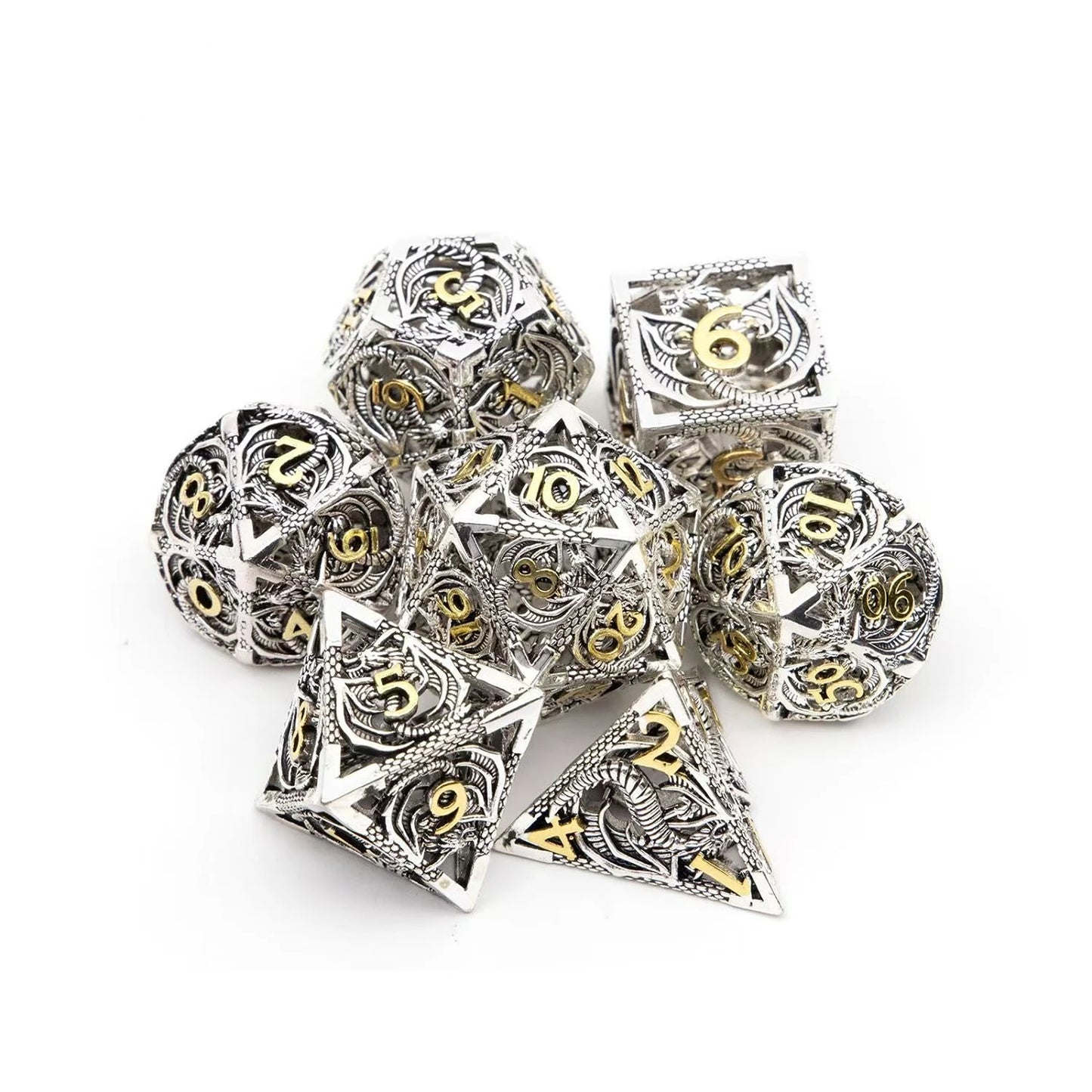 Hollow Metal Dice Set, 7PCS DND Dice set, polyhedral dice Set with box for Dungeons and Dragons RPG Role Playing Gaming Dice Silver giftbox