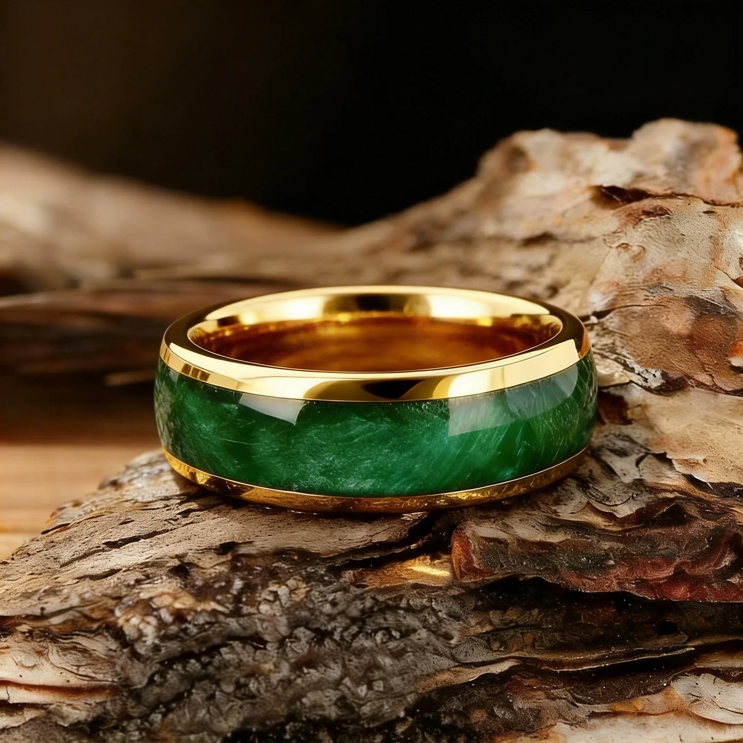 Fashion 8mm Men Stainless Steel Rings, Gold Color Brushed Green Koa Wood Inlay Rings for Men, Wedding Jewelry Christams Gift