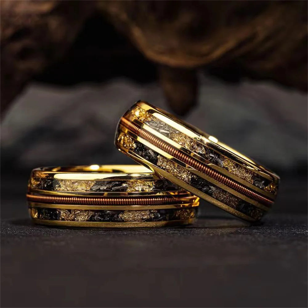 Fashion 8mm Gold Color Stainless Steel Guitar string Rings for Men Inlay Simulated Ambers Stone Rings Wedding Band Jewelry Gifts