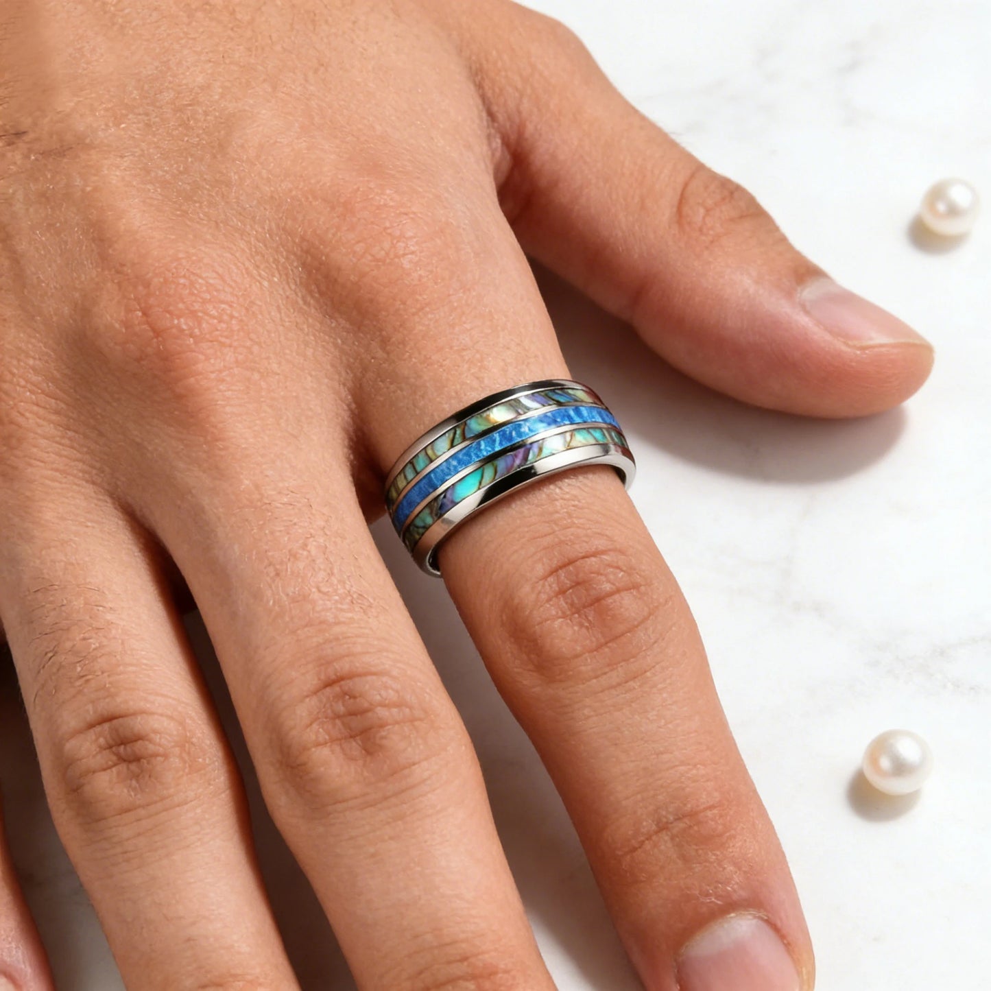 Fashion Men Silver Color Stainless Steel Rings, Inlay Blue Opal and Abalone Shell Rings For Men Women, Wedding Band Jewelry Gift