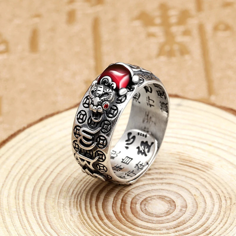 Domineering China Feng Shui Brass Pixiu Ring 2022 Amulet Wealth Good Luck Jewelry Inlaid Red Beads Copper Coin Adjustable Ring