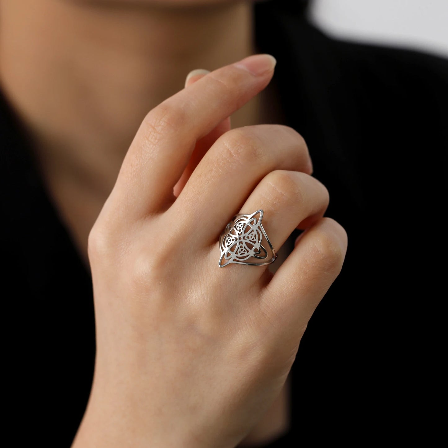 LIKGREAT Witch Knot Ring for Women Men Hollow Stainless Steel Finger Rings Celtic Vintage Amulet Protection Couple Jewelry Gifts