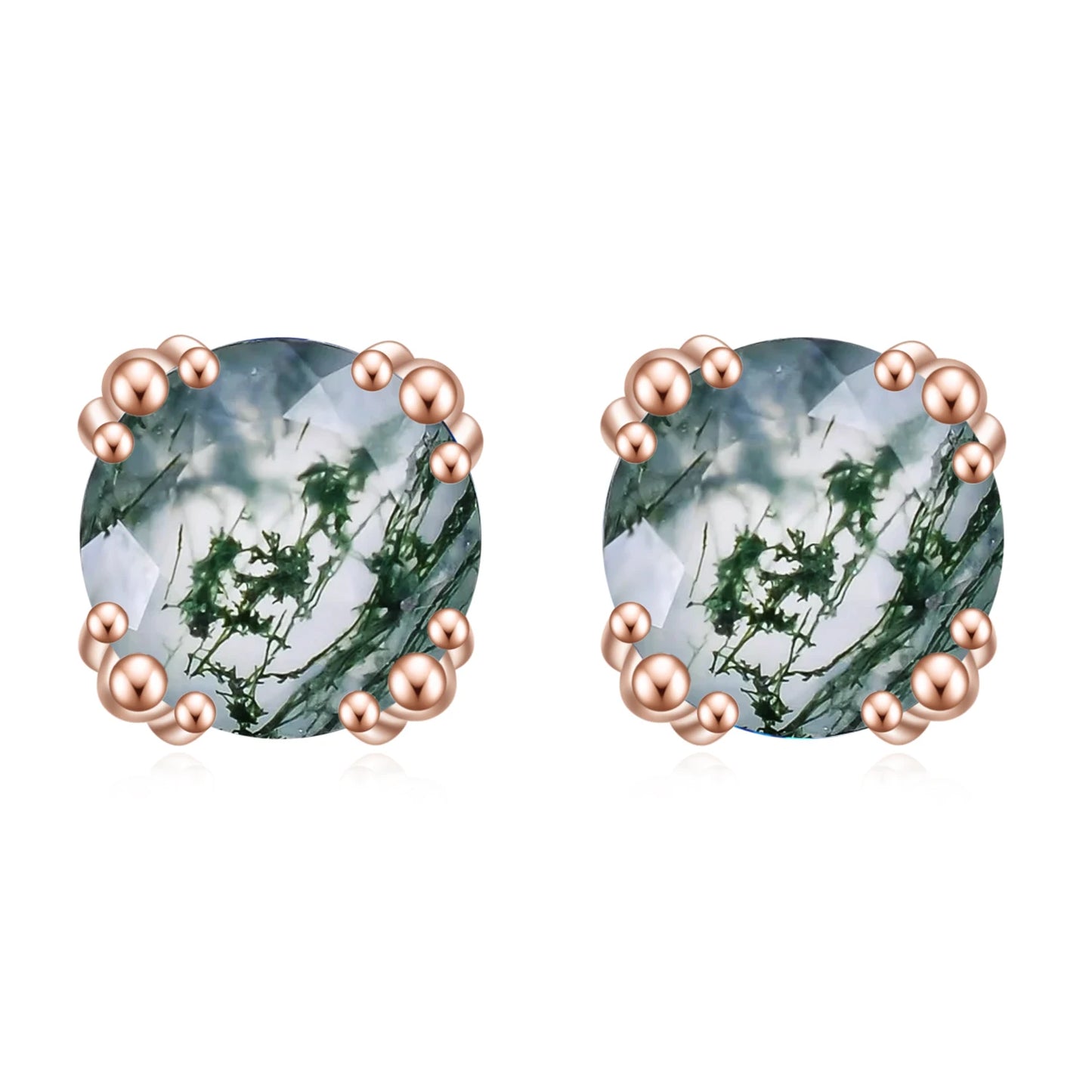 GEM'S BALLET Unique 1.0Ct 6mm Round Cut Moss Agate Claw Prongs Studs Earrings in 925 Sterling Silver Women's Wedding Earrings Moss Agate 925 Sterling Silver CHINA