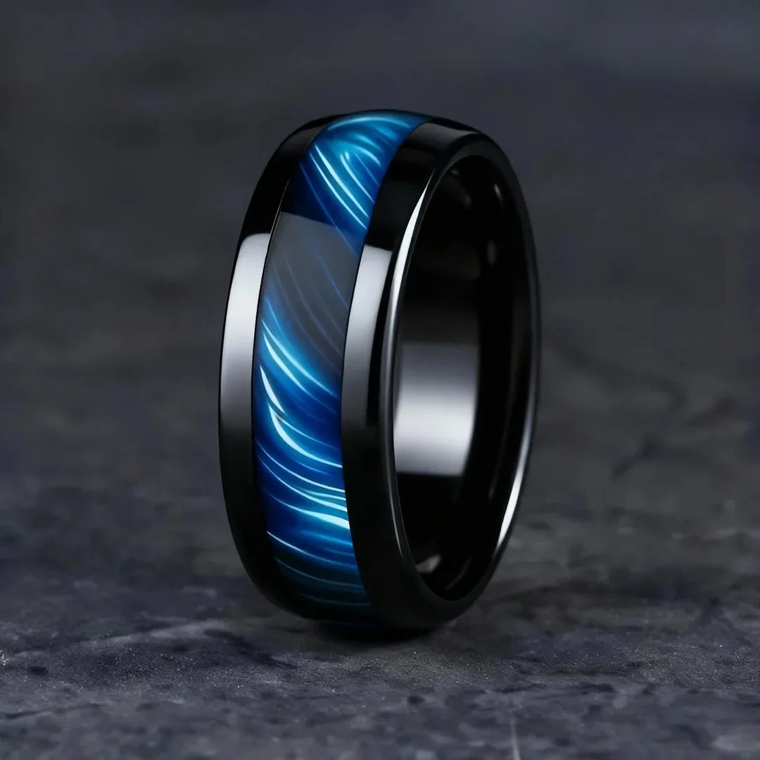 Blue Abalone Shell Inlay Rings for Men, Fashion 8mm Black Brushed Men Stainless Steel Rings, Wedding Band Jewelry Gift