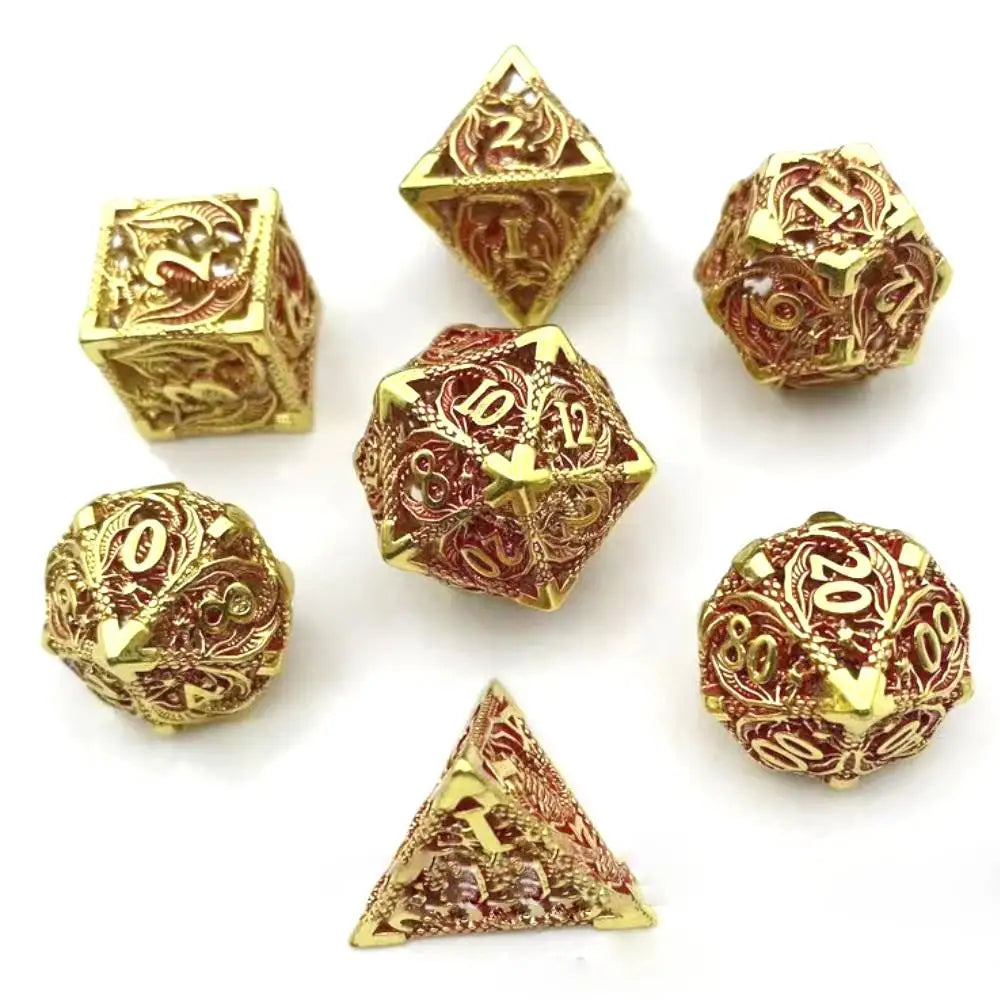 Hollow Metal Dice Set, 7PCS DND Dice set, polyhedral dice Set with box for Dungeons and Dragons RPG Role Playing Gaming Dice Gold red giftbox