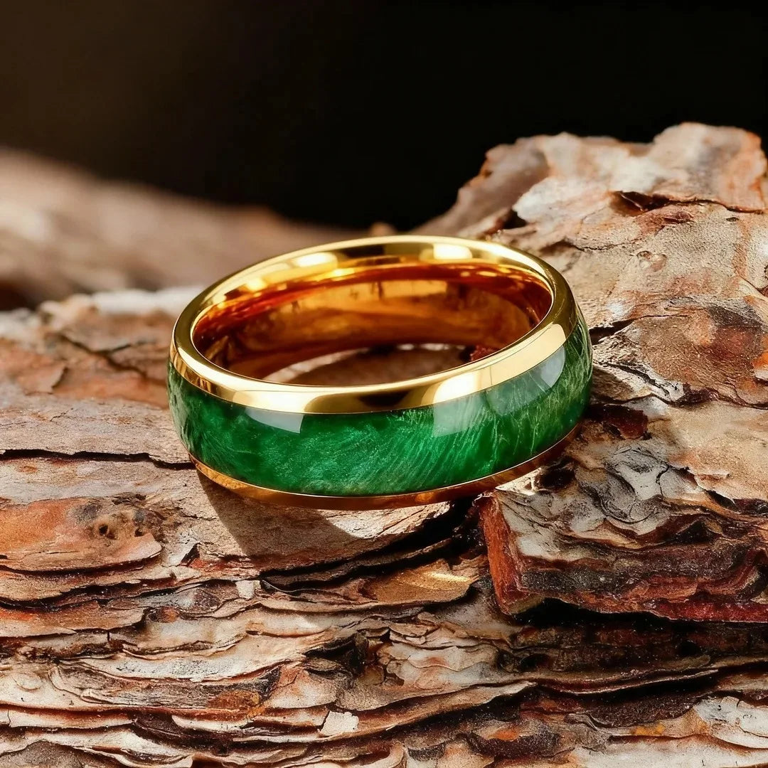 Fashion 8mm Men Stainless Steel Rings, Gold Color Brushed Green Koa Wood Inlay Rings for Men, Wedding Jewelry Christams Gift