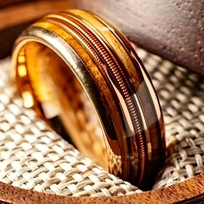 Fashion 8mm Rose Gold Color Stainless Steel Guitar string Rings for Men Inlay Hawaiian koa wood Rings Wedding Band Jewelry Gifts