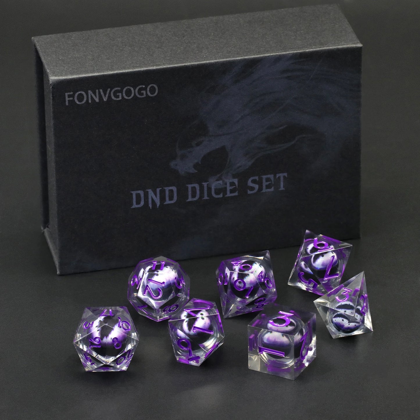 Sharp Edge Resin Dice Set, Liquid Core DND Dice, Dragon Eye Dice Set Polyhedral D&D Dice For TTrpg Table Game Deep Purple