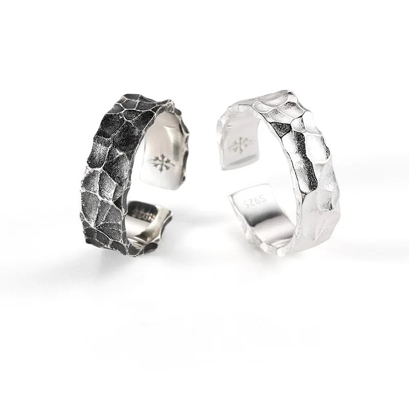 Vintage Silver Plated Irregular Rings for Men Fashion Domineering Cracked Hammered Opening Ring Adjustable Jewelry Male Gift