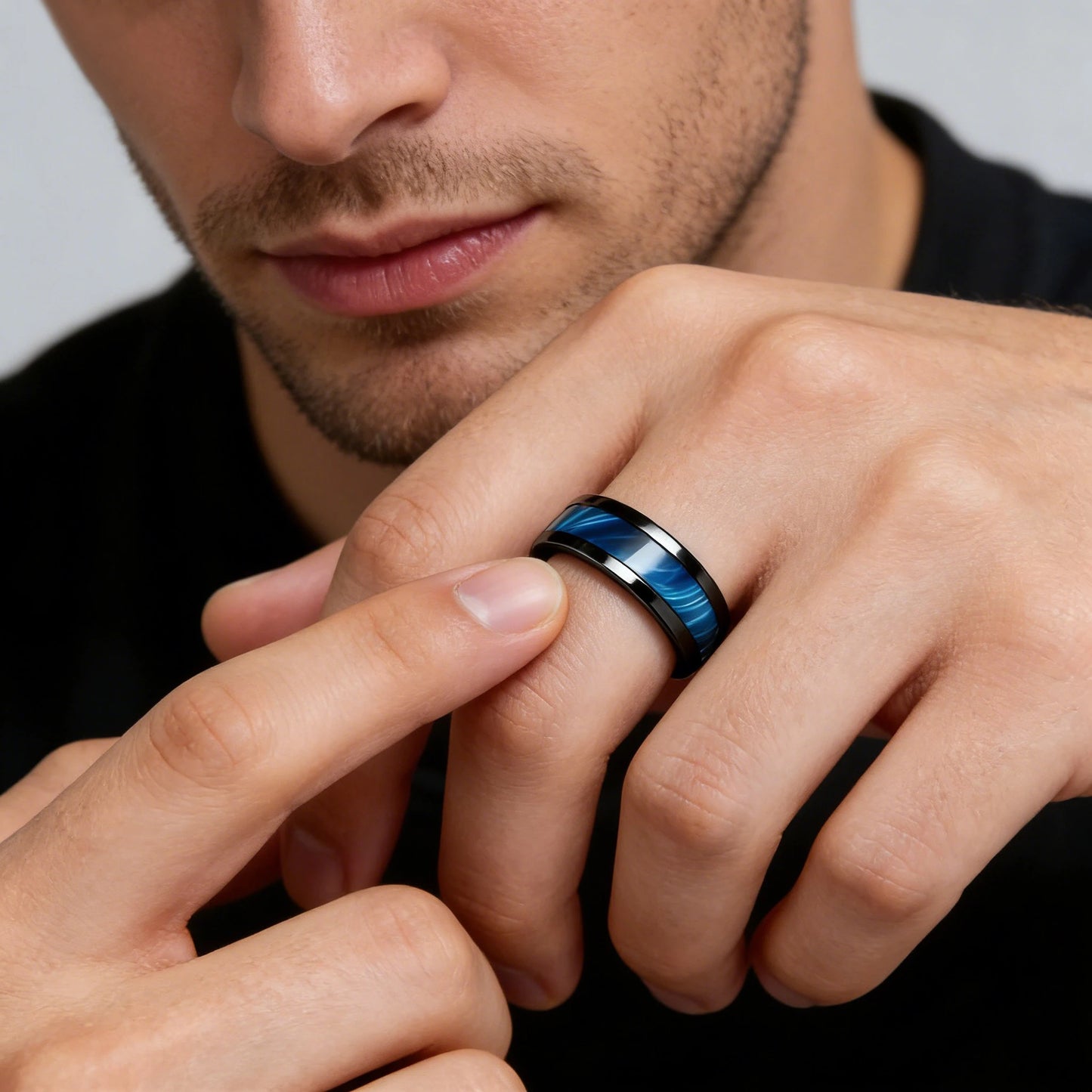 Blue Abalone Shell Inlay Rings for Men, Fashion 8mm Black Brushed Men Stainless Steel Rings, Wedding Band Jewelry Gift