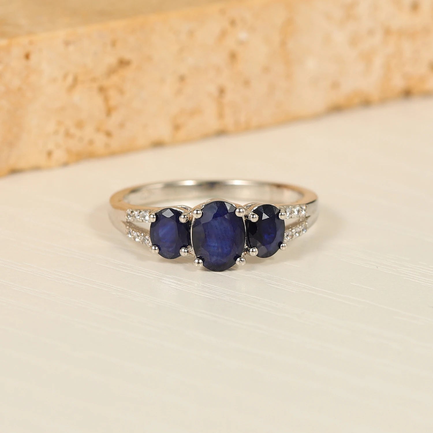 GEM'S BALLET Sapphire Gemstone Rings Natural Blue Sapphire Three Stone Engagement Rings in 925 Sterling Silver Gift For Her 925 Sterling Silver Blue Sapphire