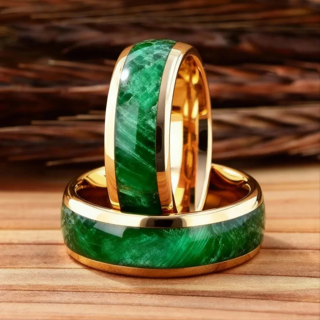 Fashion 8mm Men Stainless Steel Rings, Gold Color Brushed Green Koa Wood Inlay Rings for Men, Wedding Jewelry Christams Gift