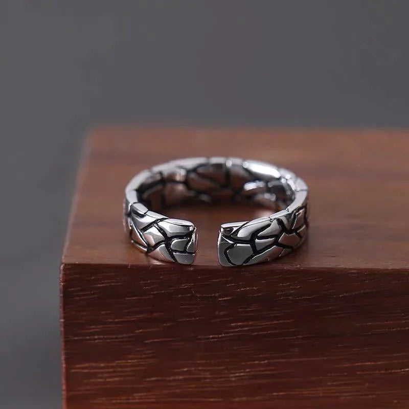 Vintage Silver Plated Irregular Rings for Men Fashion Domineering Cracked Hammered Opening Ring Adjustable Jewelry Male Gift