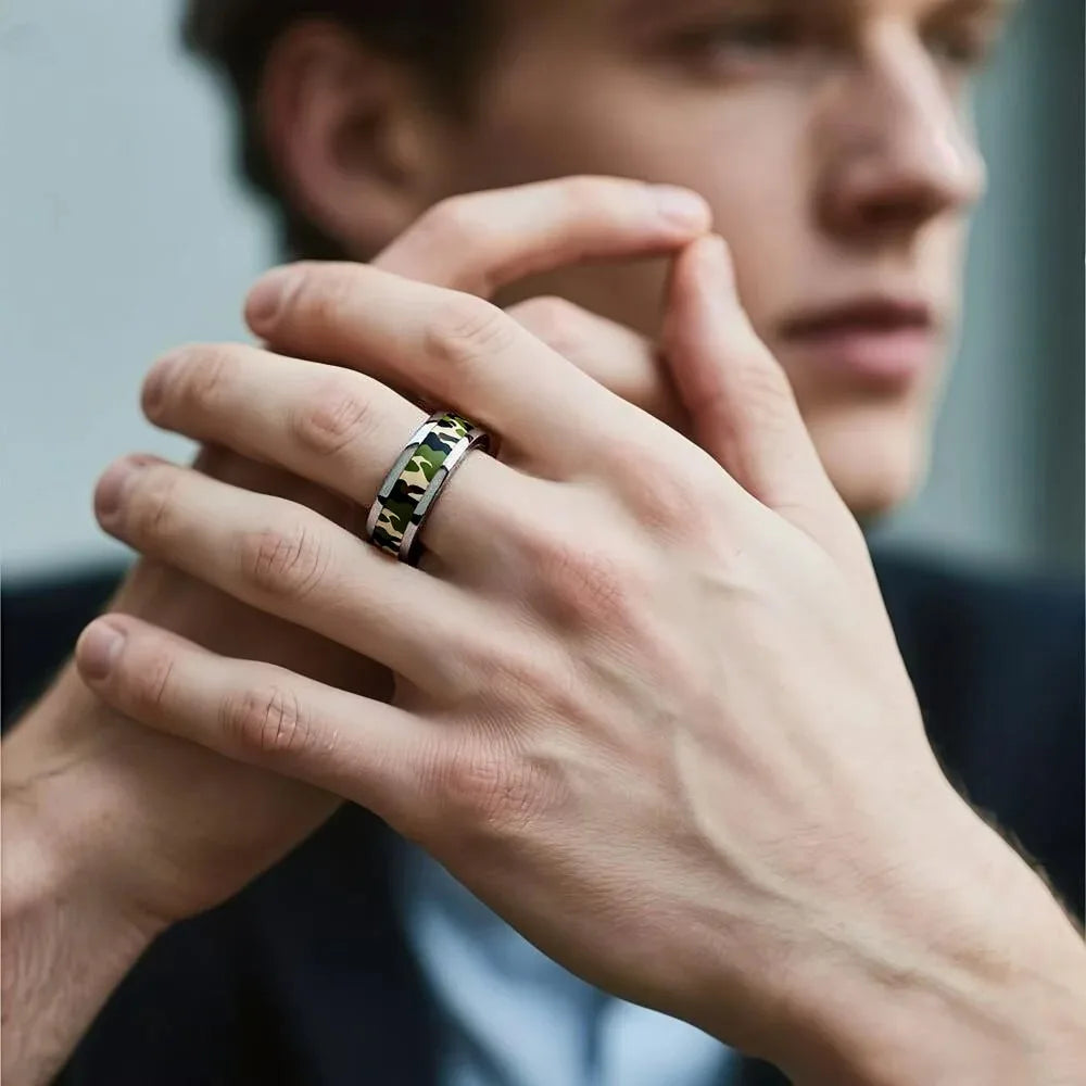 Cool 8mm Silver Color Men Stainless Steel Ring with Camo Pattern Inlay Rings for Men Women Military Tactical Jewelry Drop Ship