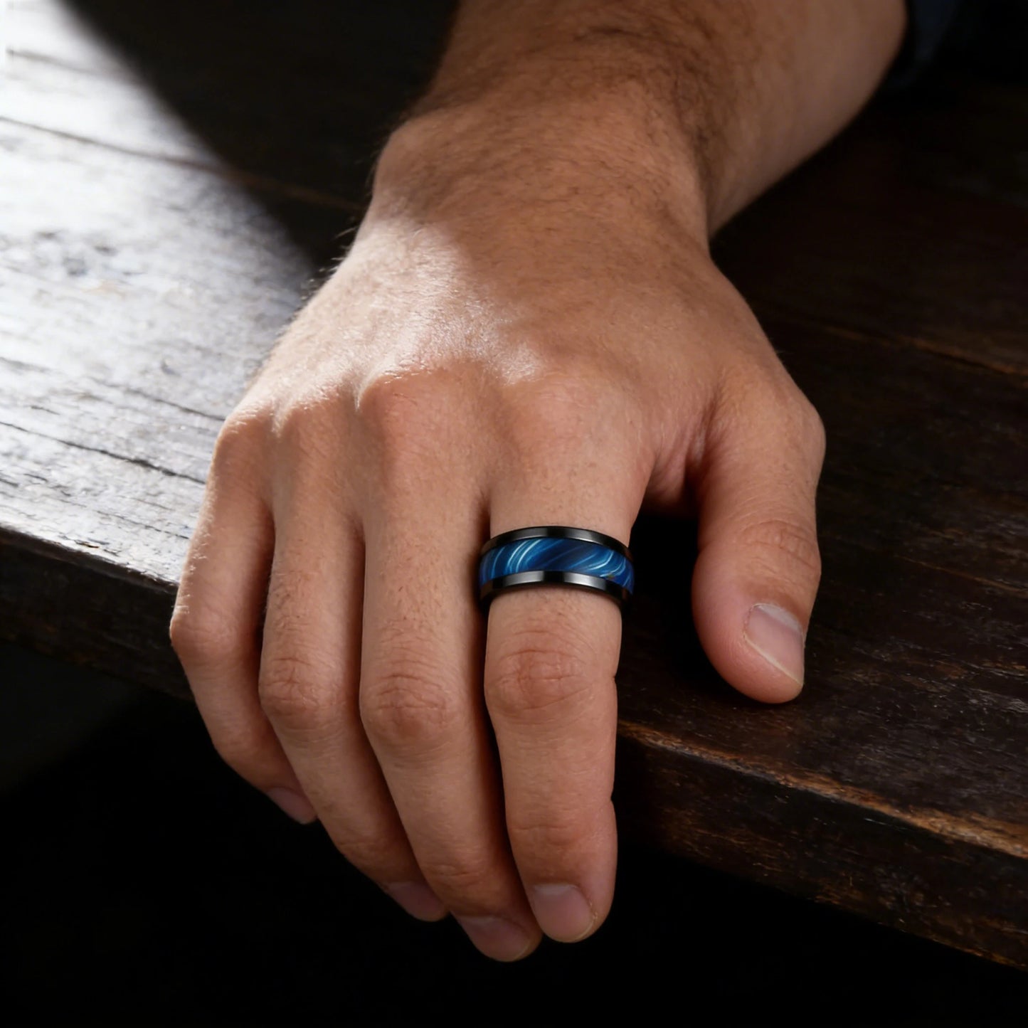 Blue Abalone Shell Inlay Rings for Men, Fashion 8mm Black Brushed Men Stainless Steel Rings, Wedding Band Jewelry Gift