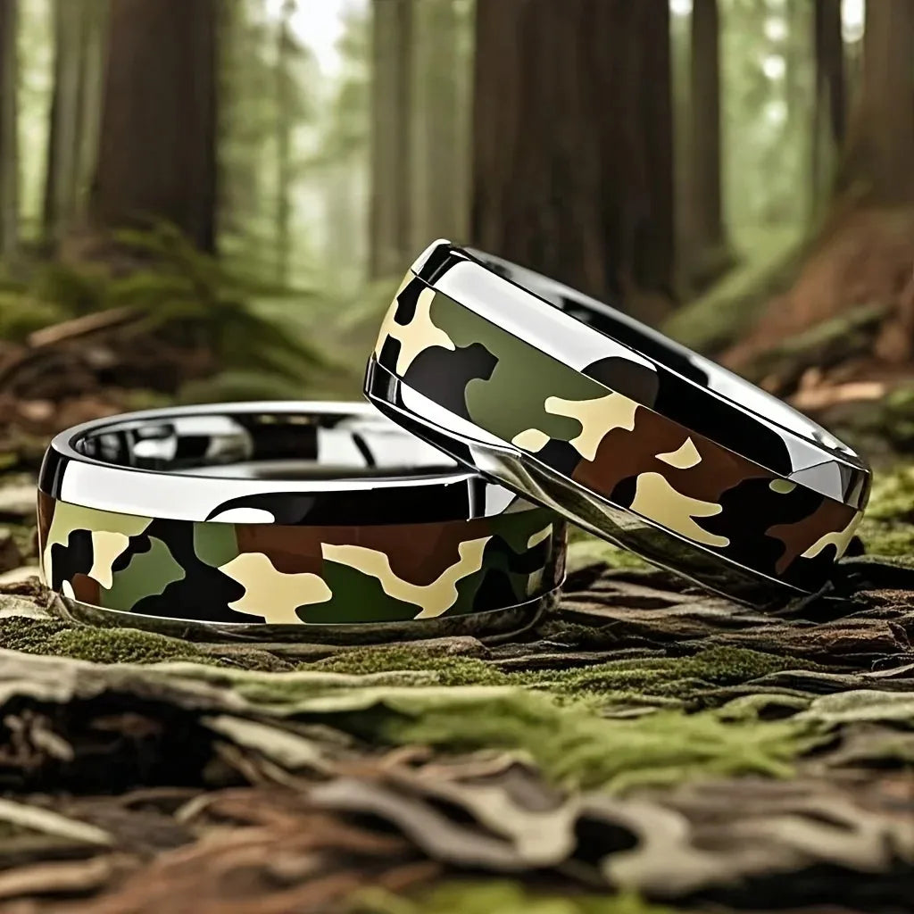 Cool 8mm Silver Color Men Stainless Steel Ring with Camo Pattern Inlay Rings for Men Women Military Tactical Jewelry Drop Ship