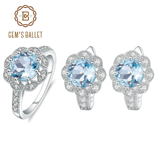 GEM'S BALLET Natural Sky Blue Topaz Snowflake Rings Earrings 925 Sterling Silver Gemstone Fine Jewelry Set For Women Gift CHINA