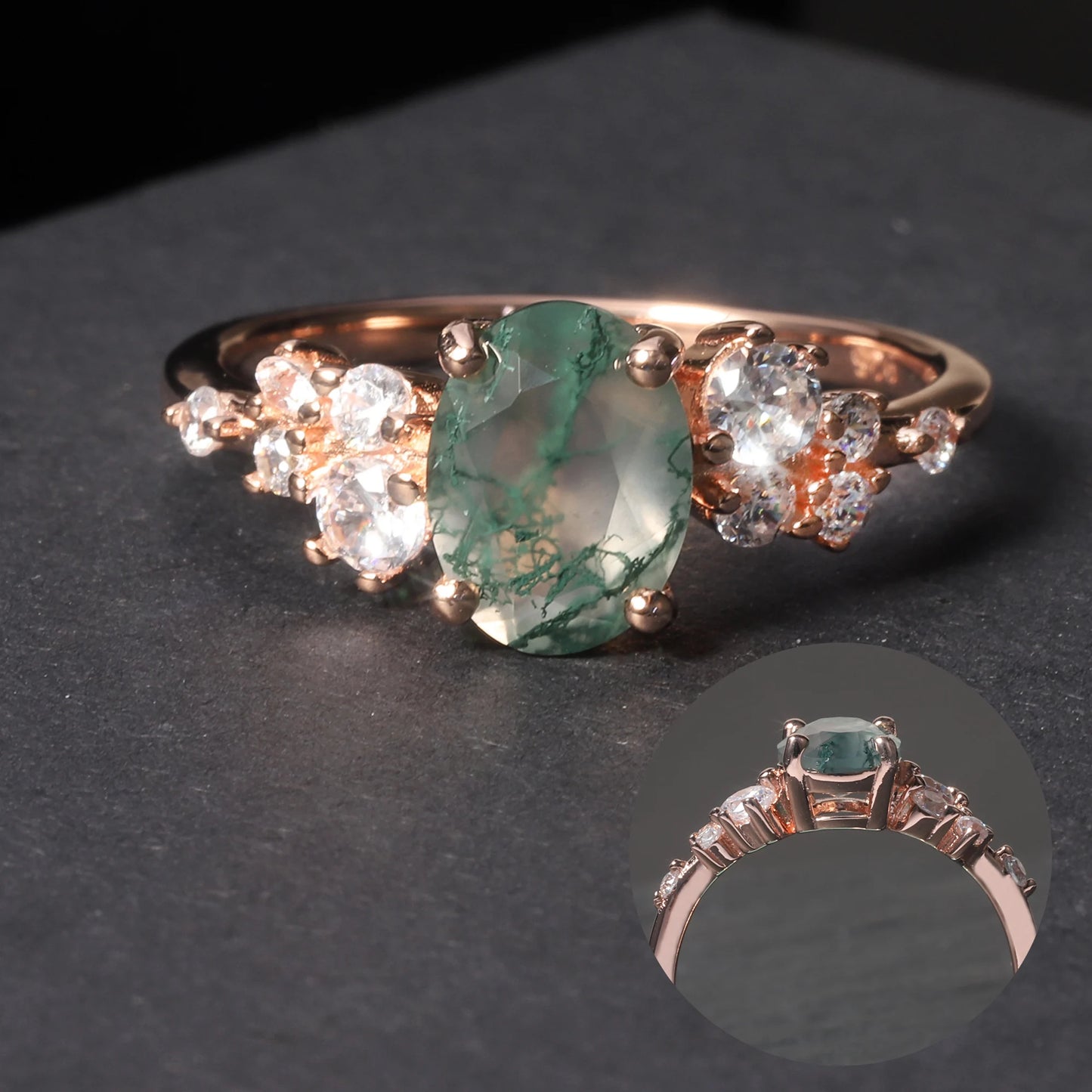 GEM'S BALLET 1.18CTW Oval Cut Moss Agate Antique Bridal Engagement Rings in 925 Sterling Silver Women's Gemstone Ring