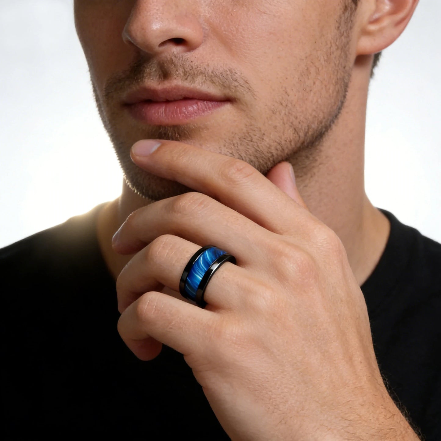 Blue Abalone Shell Inlay Rings for Men, Fashion 8mm Black Brushed Men Stainless Steel Rings, Wedding Band Jewelry Gift