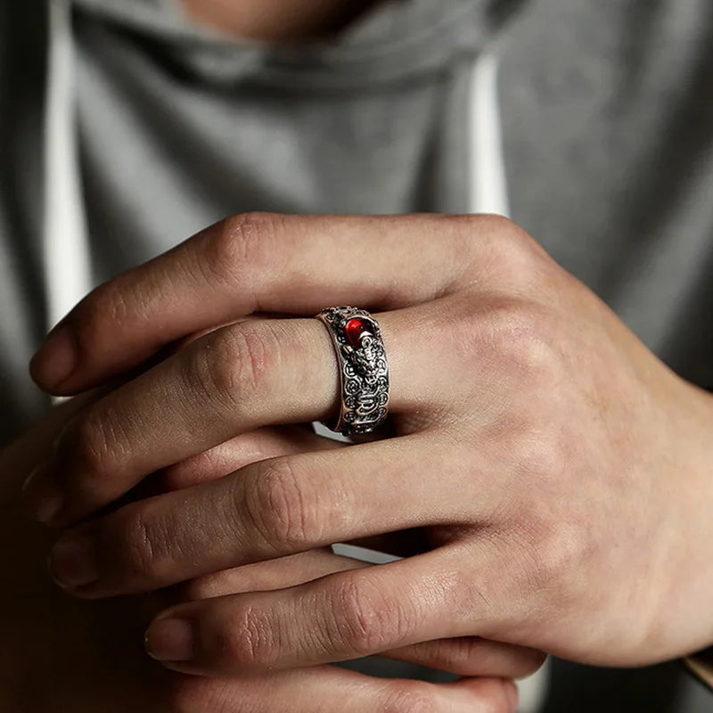 Domineering China Feng Shui Brass Pixiu Ring 2022 Amulet Wealth Good Luck Jewelry Inlaid Red Beads Copper Coin Adjustable Ring