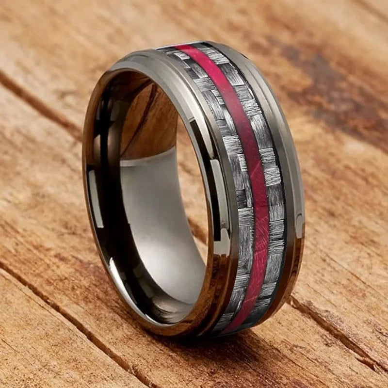 Fashion 8mm Rose Gold Color Stainless Steel Guitar String Rings for Men Koa Wood Inlay Ring Whiskey Barrel Mens Wedding Band