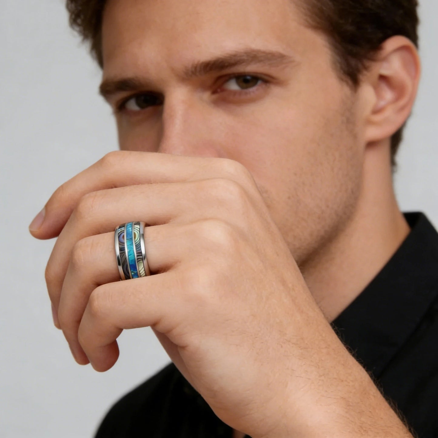 Fashion Men Silver Color Stainless Steel Rings, Inlay Blue Opal and Abalone Shell Rings For Men Women, Wedding Band Jewelry Gift