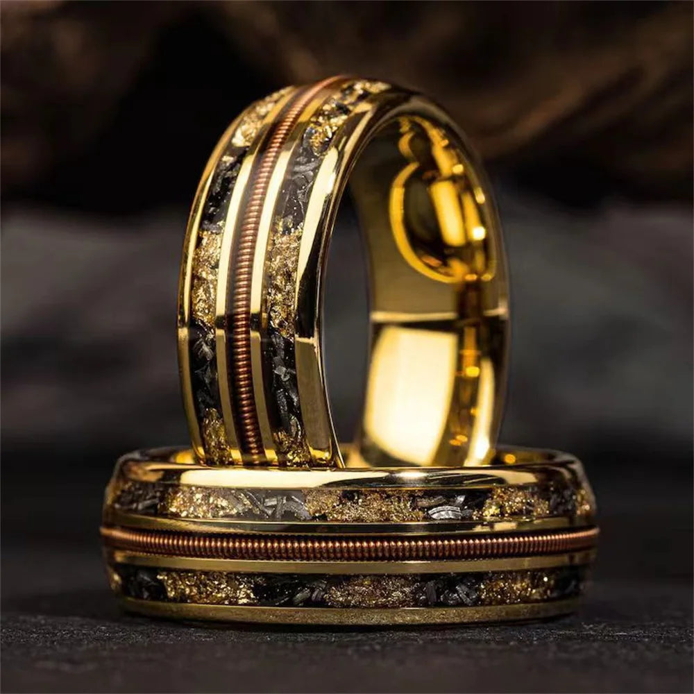 Fashion 8mm Gold Color Stainless Steel Guitar string Rings for Men Inlay Simulated Ambers Stone Rings Wedding Band Jewelry Gifts