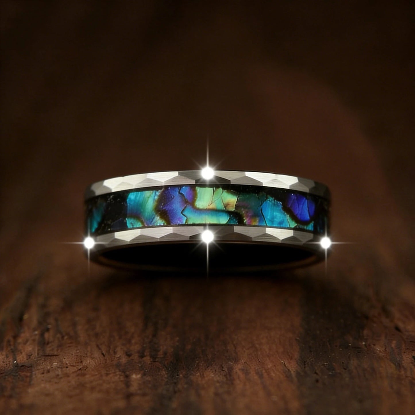 Fashion 8MM Hammered Stainless Steel Rings For Men Women Inlay Colorful Abalone Shell Rings Men Wedding Party Jewelry Gift