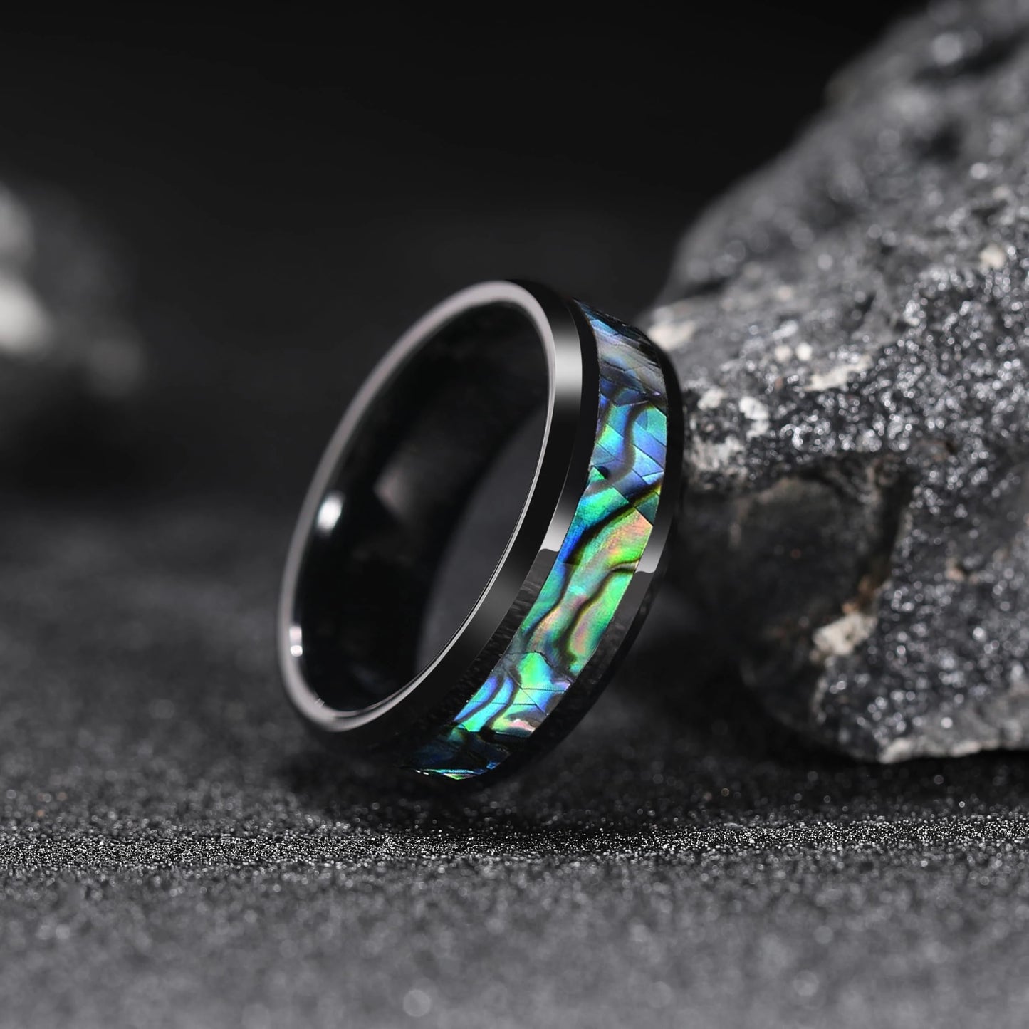 Fashion 8mm Men Silver Color Stainless Steel Rings Inlay Rainbow Abalone Shell Rings For Men Women Wedding Band Jewelry Gifts