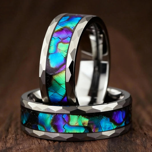 Fashion 8MM Hammered Stainless Steel Rings For Men Women Inlay Colorful Abalone Shell Rings Men Wedding Party Jewelry Gift