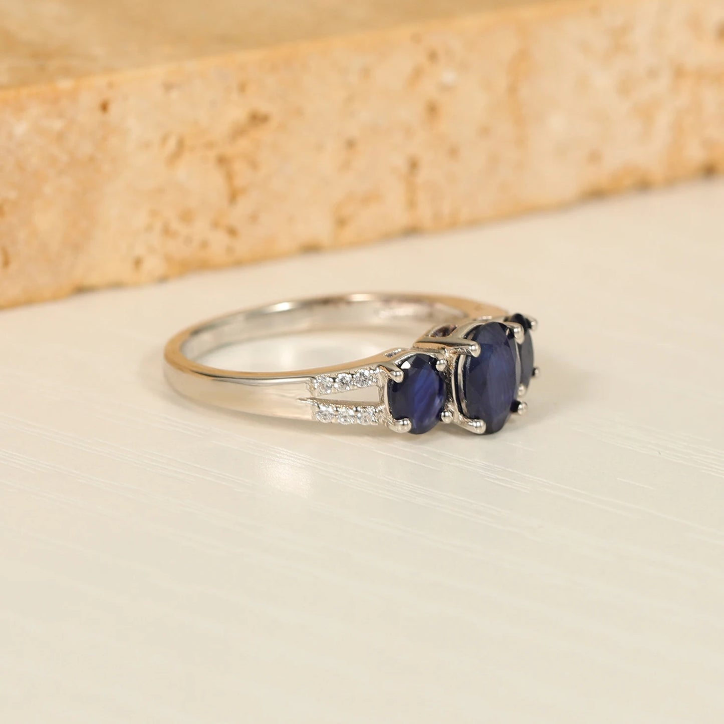 GEM'S BALLET Sapphire Gemstone Rings Natural Blue Sapphire Three Stone Engagement Rings in 925 Sterling Silver Gift For Her