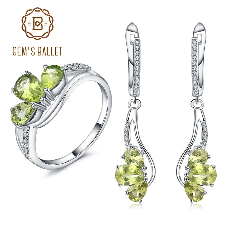 GEM'S BALLET Natural Green Peridot Dangle Earrings Ring Jewelry Sets Genuine 925 Sterling Silver Vintage Fine Jewelry For Women