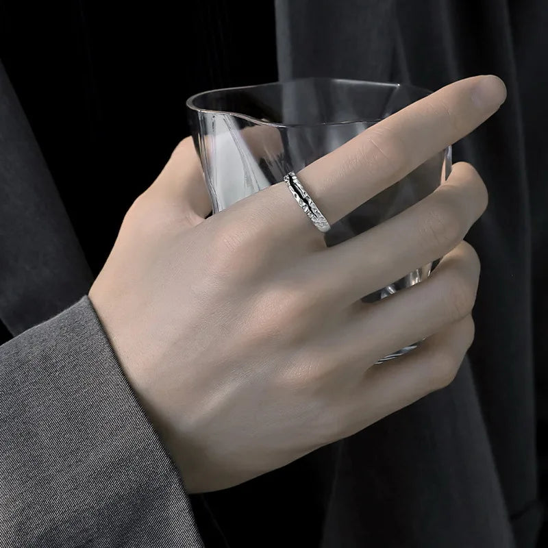 Vintage Silver Plated Irregular Rings for Men Fashion Domineering Cracked Hammered Opening Ring Adjustable Jewelry Male Gift