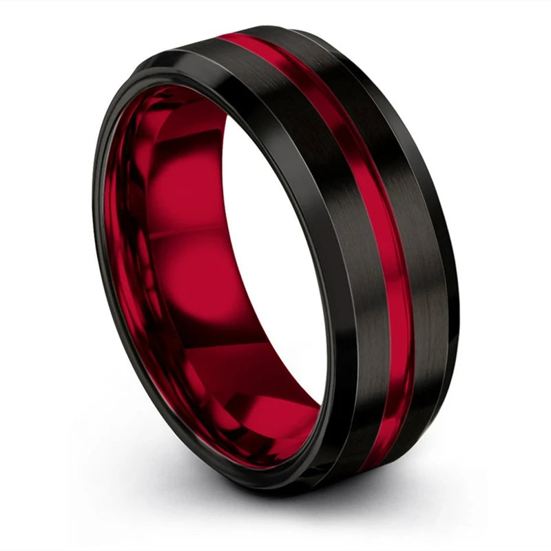 Fashion 8MM Men's Stainless Steel Rings Blue Red Colorful Groove Beveled Edge Wedding Engagement Ring Men's Anniversary Jewelry