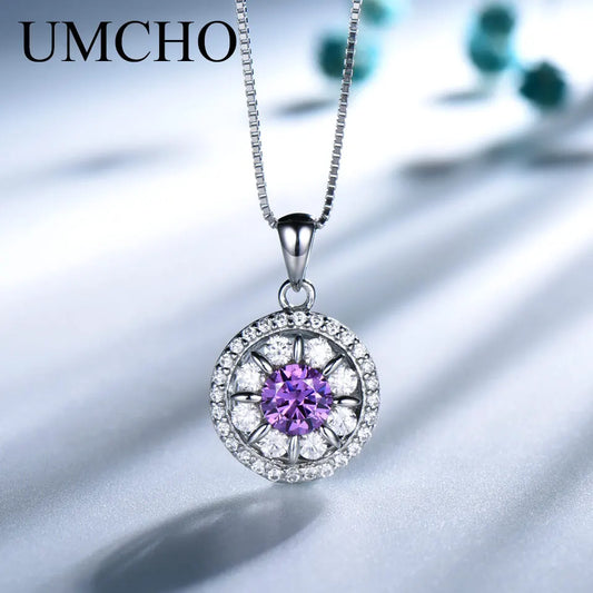 UMCHO Solid 925 Sterling Silver Amethyst Pendant Necklace Gemstone For Girl Gift Women for Fine Jewelry