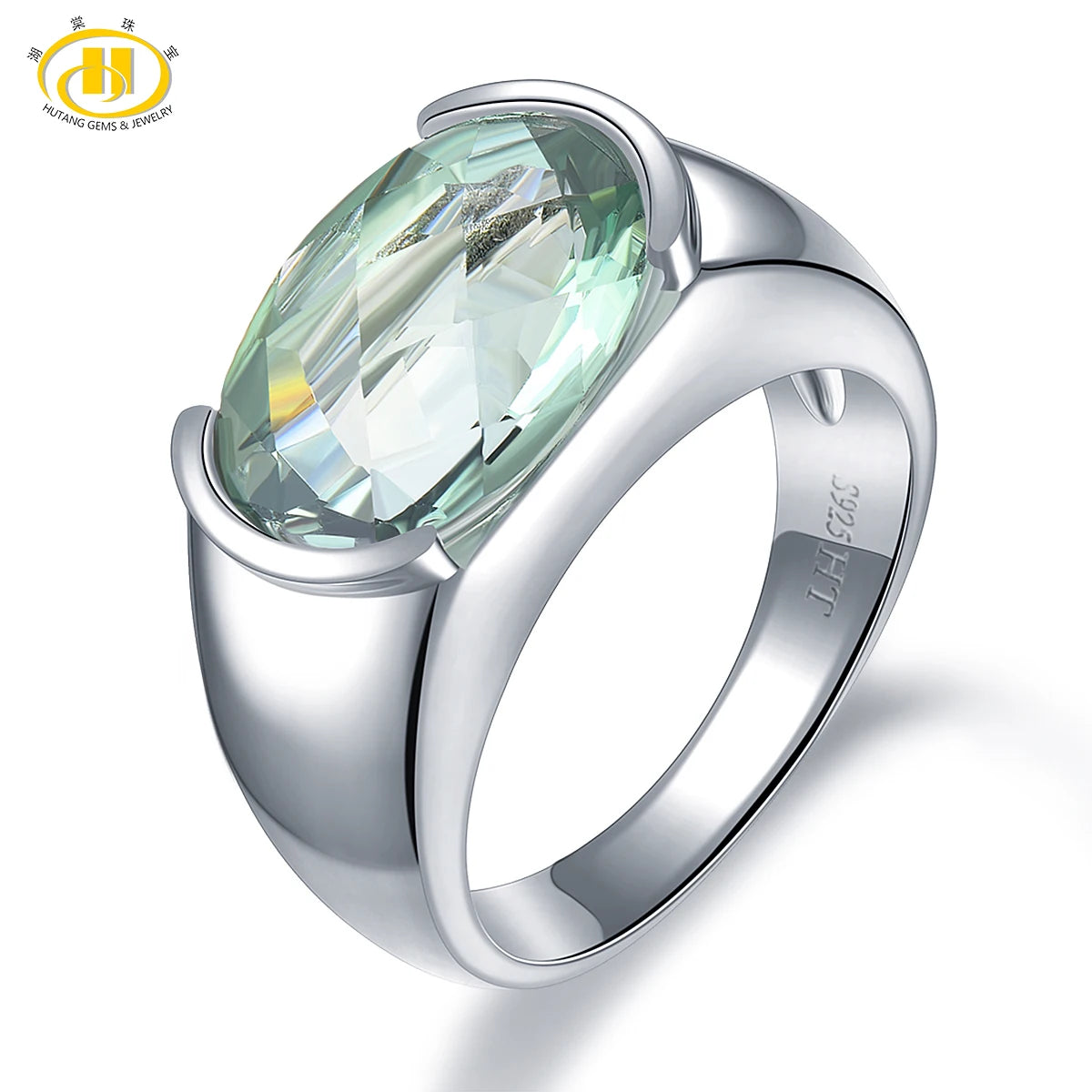 Hutang Women's Ring 5 carats Natural Green Amethyst Wedding Rings 925 Sterling Silver Gemstone Fine Elegant Classic Jewelry Gift