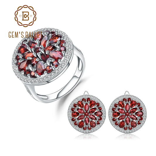 GEM'S BALLET 11.65Ct Natural Red Garnet Earrings Cocktail Ring Set 925 Sterling Silver Gemstone Vintage Jewelry Set For Women United States