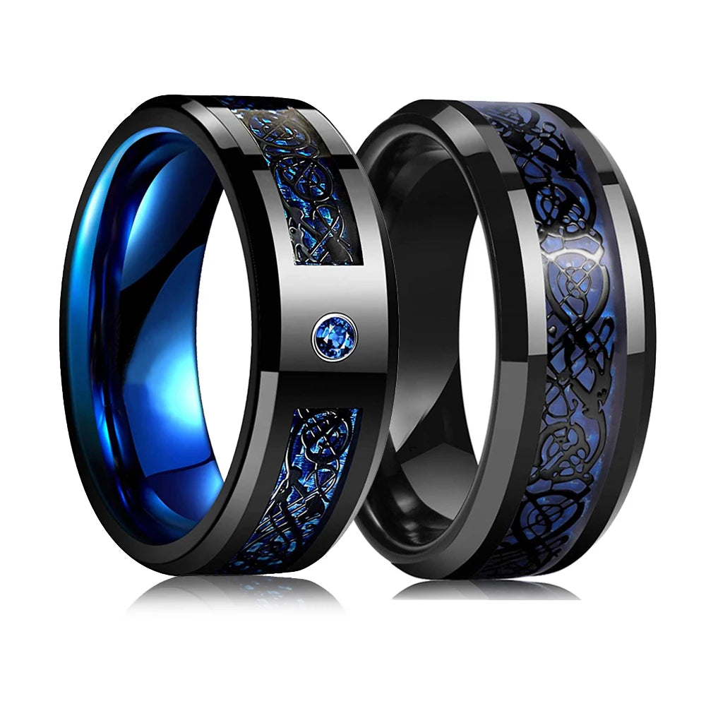 Fashion Black Tungsten Wedding Celtic Dragon Rings For Men Inlaid Green Zircon Punk Men Stainless Steel Green Carbon Fibre Ring