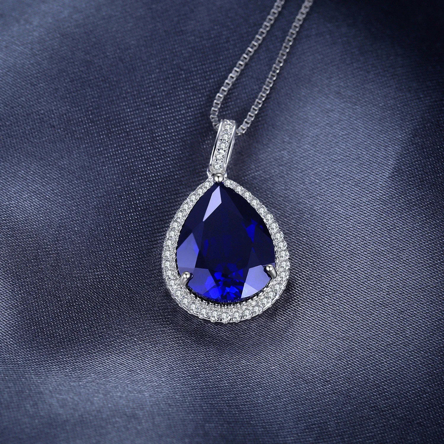 JewelryPalace 12ct Huge Created Blue Sapphire 925 Sterling Silver Pendant Necklace for Women Gemstone Choker Without Chain