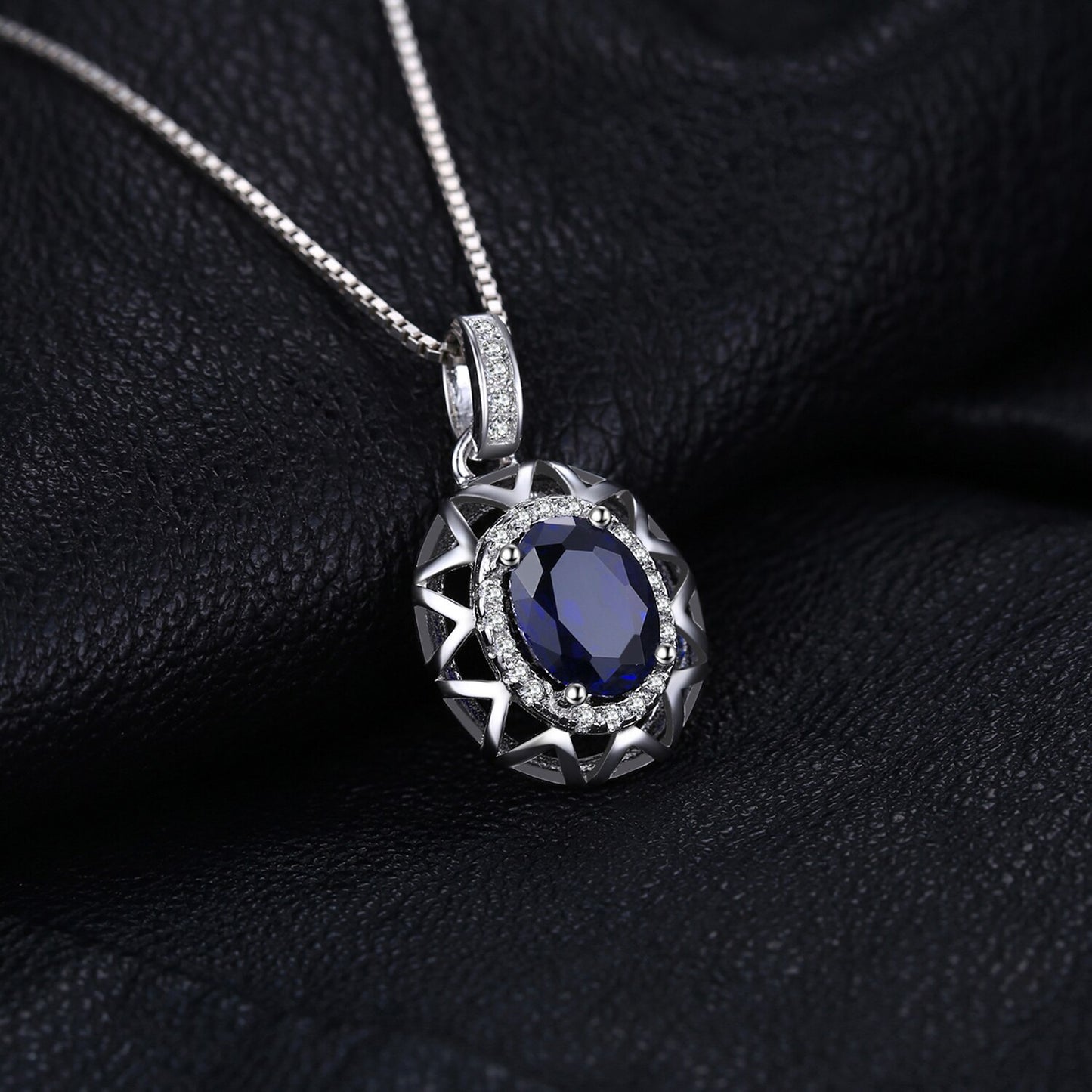 JewelryPalace Oval Cut Created Blue Sapphire 925 Sterling Silver Pendant Necklace Hollow Gemstones Women Necklace Without Chain