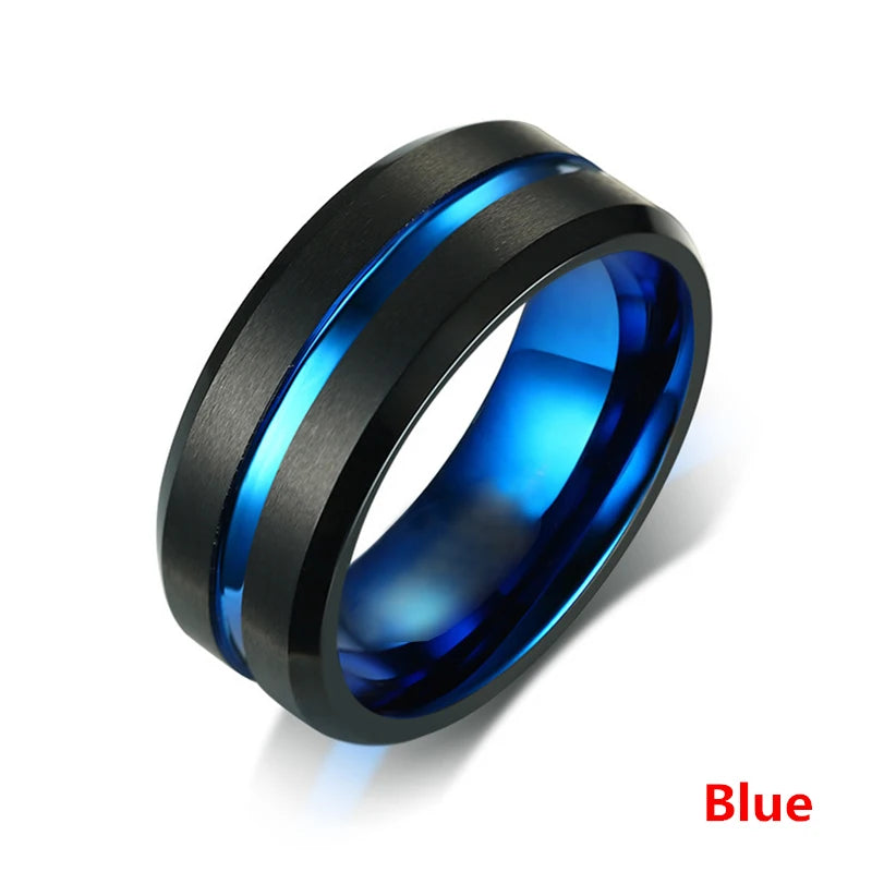 Fashion 8MM Men's Stainless Steel Rings Blue Red Colorful Groove Beveled Edge Wedding Engagement Ring Men's Anniversary Jewelry