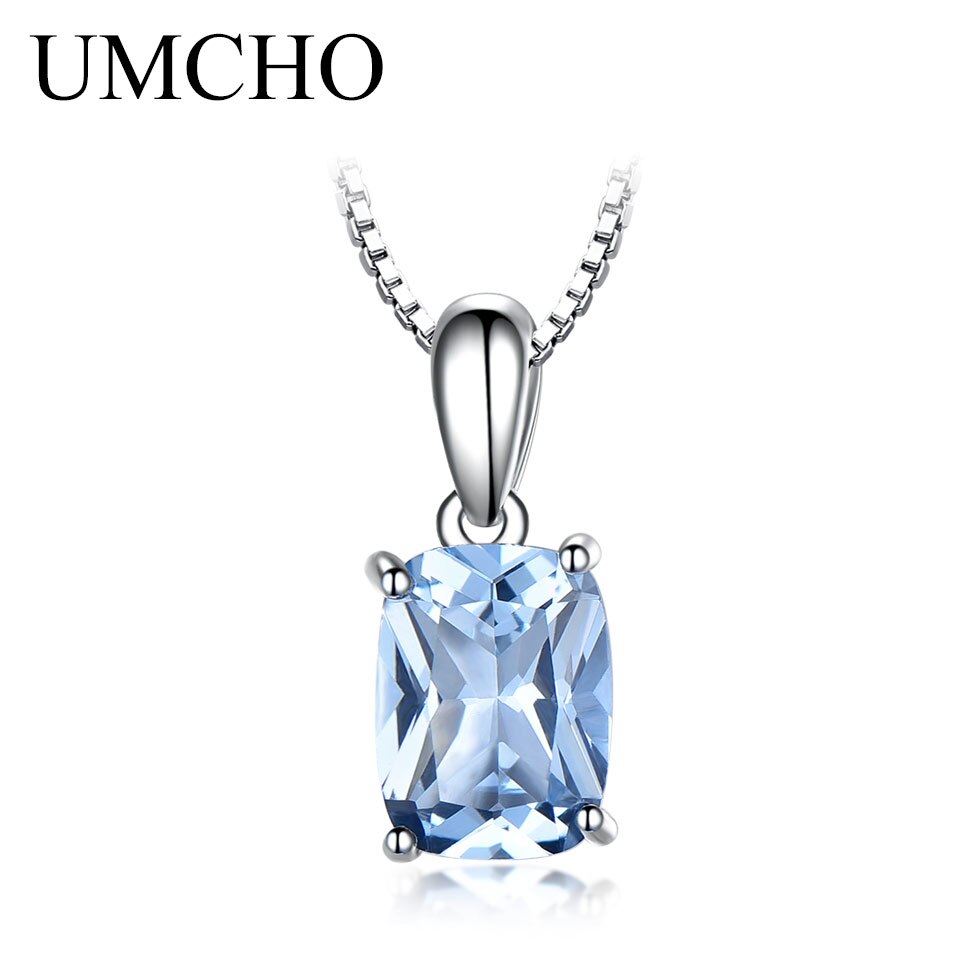 UMCHO 925 Sterling Silver Women&#39;s Necklace Pendant Rectangle Sky Blue Topaz Engagement Wedding Pendant Strap Chain