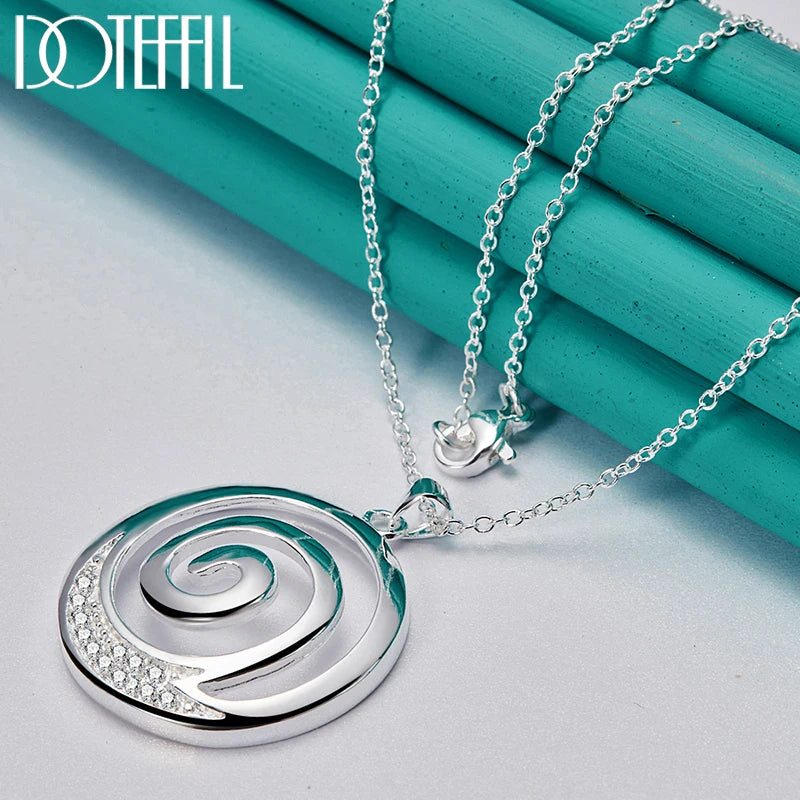 DOTEFFIL 925 Sterling Silver AAA Zircon Round Spiral Pendant Necklace 16-30 Inch Chain For Woman Man Charm Wedding Jewelry