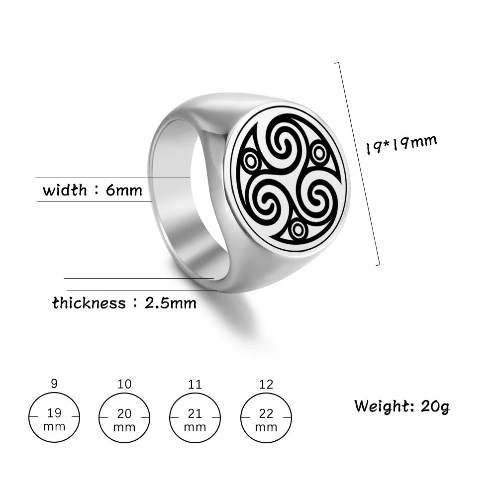 LIKGREAT Stainless Steel Rings for Men Triskele Triple Spiral Symbol Amulet Solomon Signet Ring Punk Occult Magic Pagan Talisman