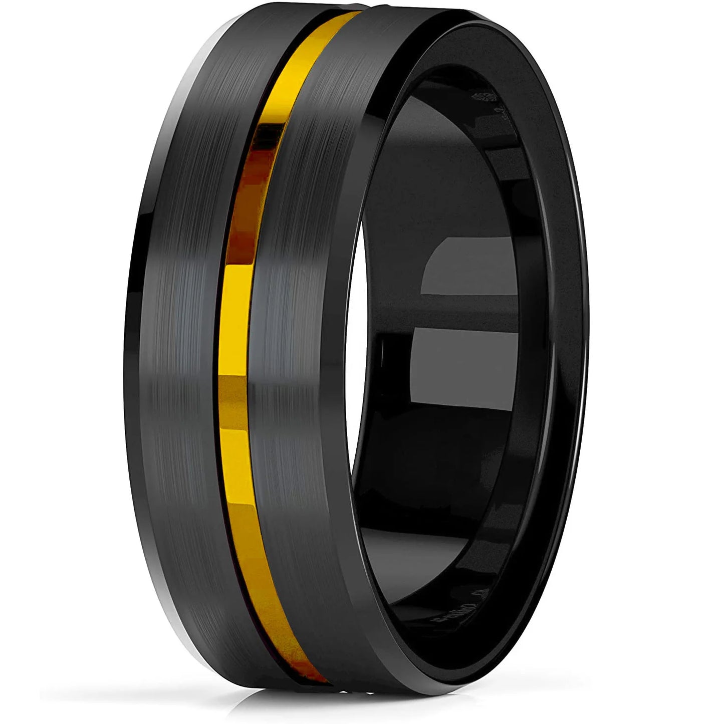 Trendy 8mm Gold Color Groove Beveled Edge Titanium Wedding Rings For Men Black Brushed Stainless Steel Ring Men's Wedding Bands