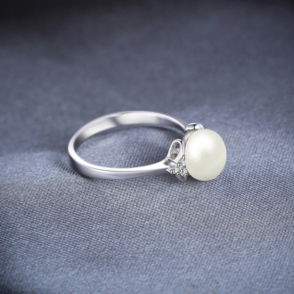 JewelryPalace 8mm White Shell Pearl 925 Sterling Silver Rings for Women Engagement Trendy Ring Fashion Gift Fine Jewelry