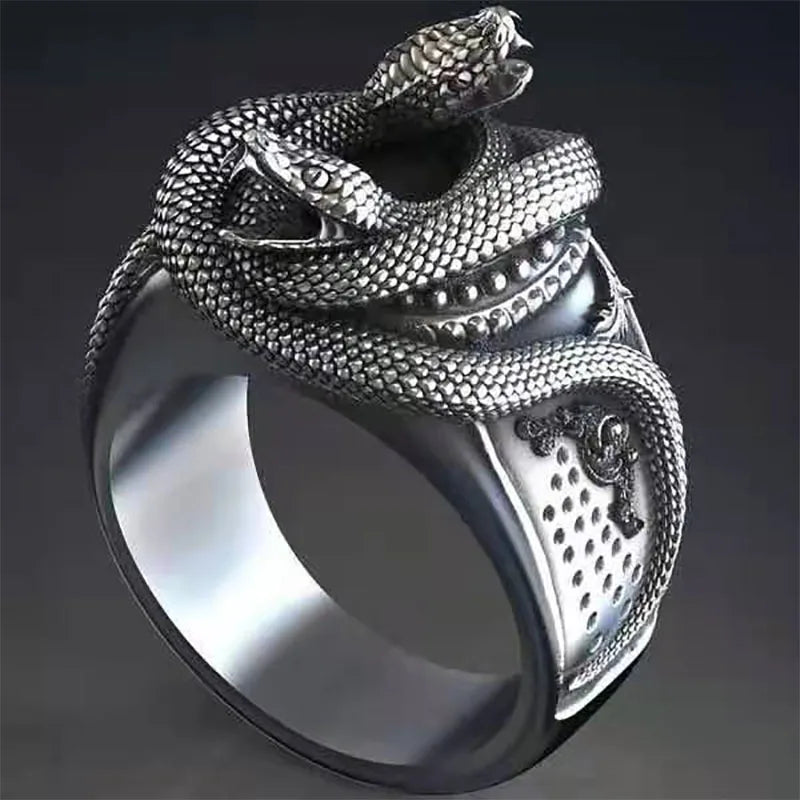 MFY Gothic Syle Cool Antique Silver Color Exaggerated Animal Double Head Wave Bend Snake Finger Ring For Men Party Jewelry AJZ3366